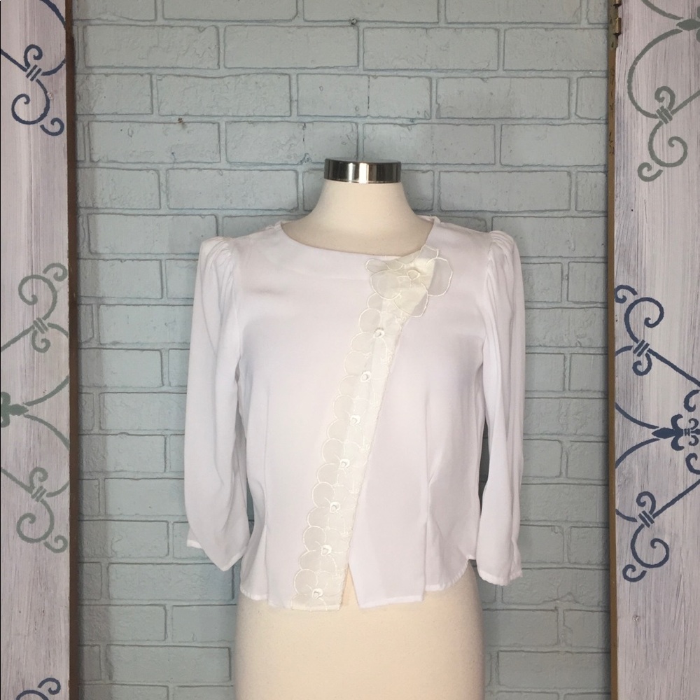 Vintage ‘You Babes’ Split Front Sheer White Flower Detail Top 1970s